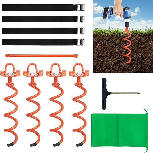 MIXXIDEA 11.4 Inch Gound Anchors Screw in, Metal Spiral Earth Anchors Kit, Heavy Duty Folding Ring Spiral Stake with Straps, Ground Stakes for Tent (Orange, 11.4 Inch with 92in Straps)