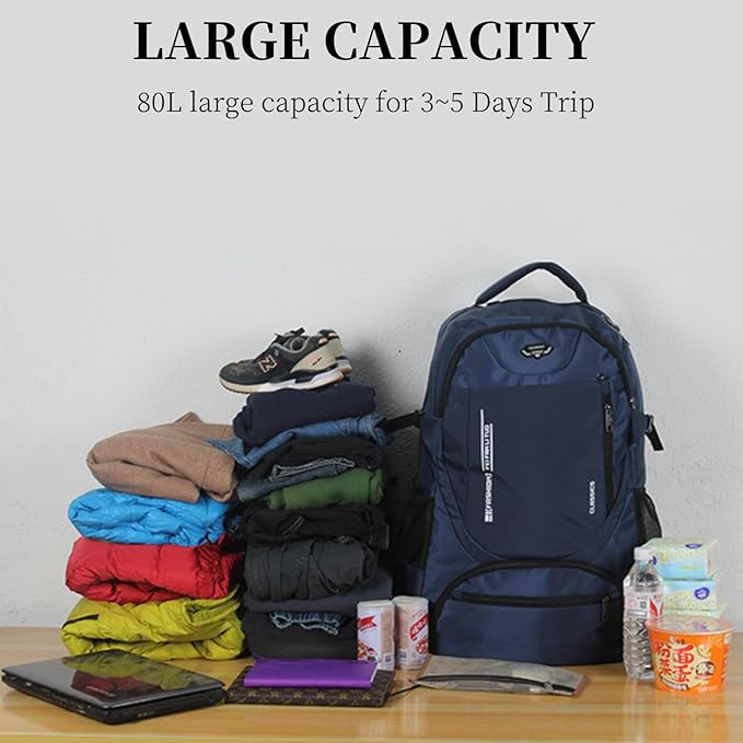 80L Large Travel Backpack for Men & Women, Lightweight Water-Resistant Hiking Backpack with Shoe Compartment, Foldable Daypack Rucksack for Travel Camping College Grey