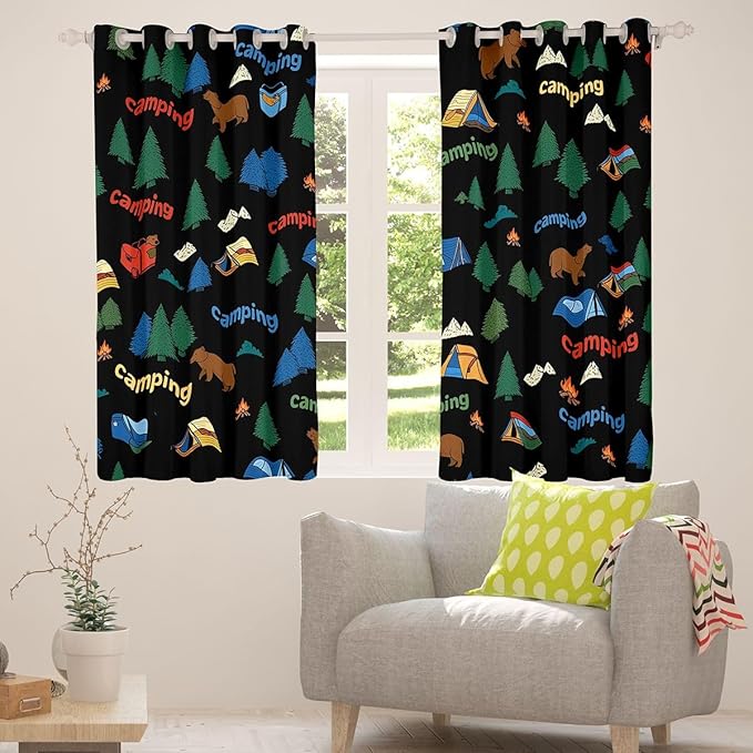 jejeloiu Happy Camping Curtains for Bedroom Living Room Camping Bear 30%-50% Blackout Shades Outdoor Tent Campfire Pattern Room Darkening Curtain Window Treatments, 2 Panels 42 x 63 Inch Decor