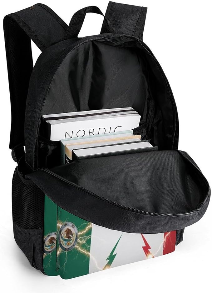 Polyester Daypack Backpack for Trekking Picnic Walking Cycling, Large Capacity Anti-Theft Multipurpose Shoulder Bag, Cool Lightning Eagle Mexico Flag Art Casual Daypack