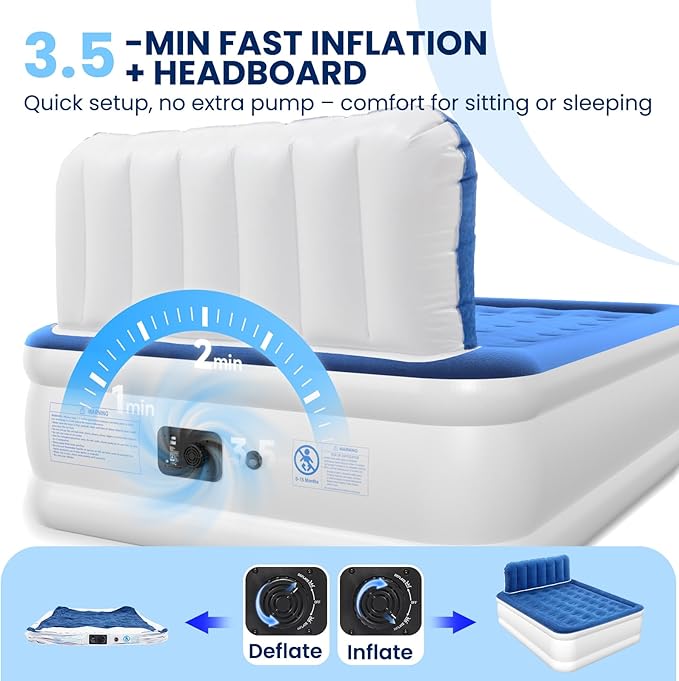 Queen Air Mattress with Headboard, Built-in Pump, 19" Raised Comfort Design, 800 lbs Max, 48-Hour Leak-Tested PVC, 3.5 Min Fast Inflation & Headboard, Durable Air Bed for Home, Guests Bed, Travel