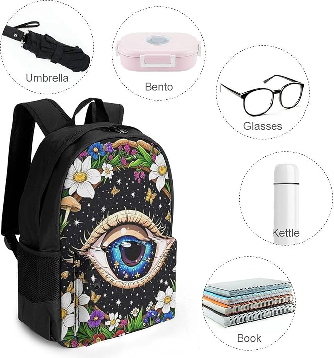 Supdreamc Men Women Lightweight Psychedelic Flower Eye Mushroom Trippy Art Casual Daypack Large Capacity Bookbag With Adjustable Shoulder Straps for Gym Business Bicycle