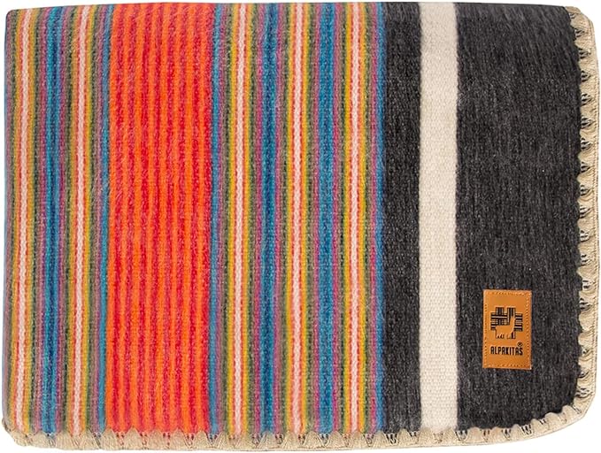 Alpaca Wool Blanket – Twin Size, 75 x 38 Inches – Warm & Lightweight – Couch, Bed, or Outdoor Blanket – Orange & Blue