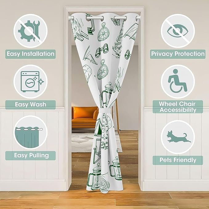 Happy Camping Doorway Curtains Privacy Green Lantern Campfire Cabin Decor Blackout Curtain Camping Accessories Wild Adventure Closet Door Curtain Rustic Farmhouse Style Room Divider Drape 59"W x 80"L