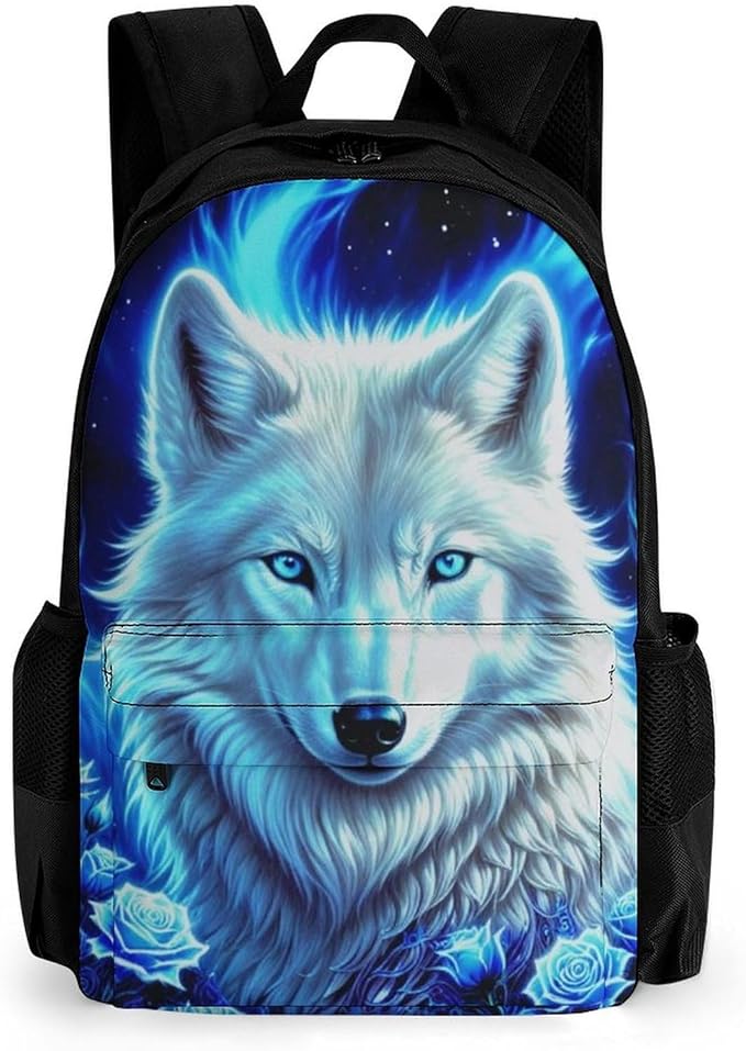 Polyester Daypack Bookbag for Gym Business Bicycle, Large Capacity Multipurpose Anti-Theft Carry On Bag, White Galaxy Wolf With Blue Rose Travel Hiking Daypack