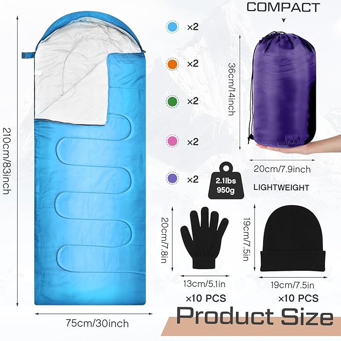 Tranqun 30 Pcs Cotton Liner Camping Sleeping Bags for Adult with Winter Beanies Gloves Sleeping Bag Waterproof Warm Lightweight for Backpacking Camping Indoor Outdoor Homeless