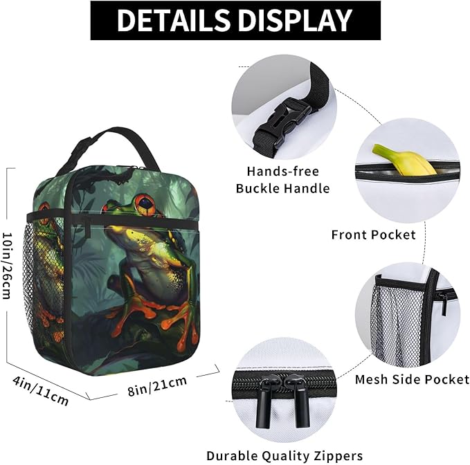 Frog Lunch Box for Kids Aldults, Realistic Animal Reusable Thermal Insulation Cooler Tote Bags, Red Eye Tree Jungle Pattern Insulated Bag for Student, School Picnic Camping Travel, Gifts