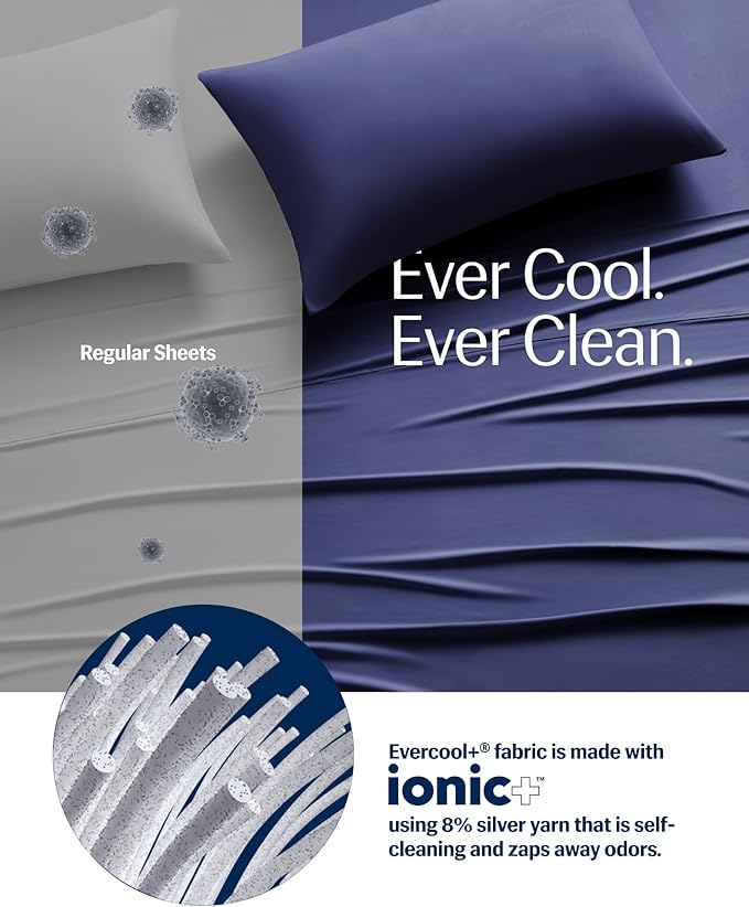 REST® Evercool®+ Starter Sheet Set, King, Blue, Breathable Bed Sheets for Hot Sleeper and Night Sweats, with Pillowcases, with Ionic+ Self-Cleaning Silver Yarn for Sensitive Skin, 3PCS No Flat Sheet