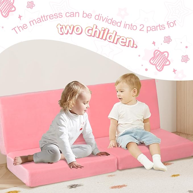 MeMoreCool Kids Folding Mattress, Trifold Mat Foldable Floor Mattress with Washable Cover and Carry Bag, Portable Foam Floor Mat for Kids, Daycare, Sleepover, Camping and Travel, Pink