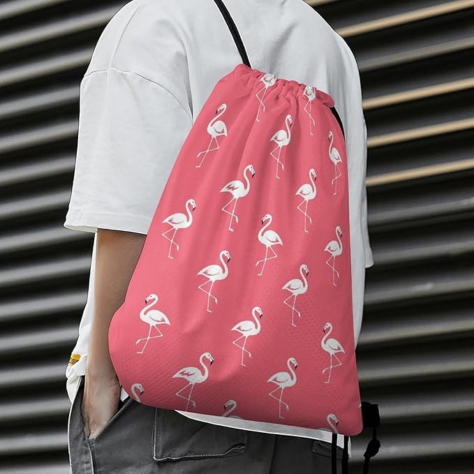 Theft Proof Drawstring Bag Water Resistant Cinch Sack Gym Sport Backpack for Travel Camping, Pink Flamingos Pattern Bags