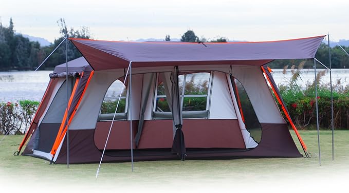 KTT Extra Large Tent 12 Person(A),Awning Family Cabin Tents,2 Rooms,4 Doors and 4 Windows with Mesh,Straight Wall,Waterproof,Double Layer,Big Tent for Outdoor,Picnic,Camping,Family Gathering。