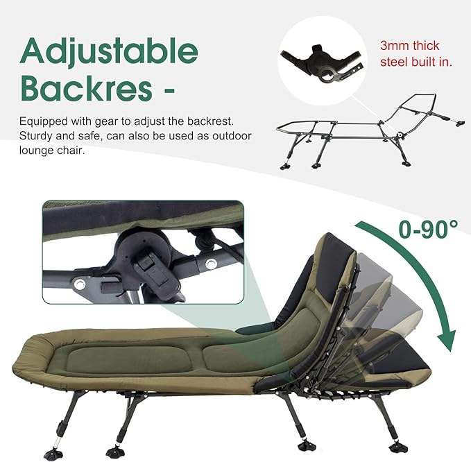XL Folding Camping Cot with Mattress for Adults, Oversized Camping Bed with Carry Bag, 180° Adjustable Recliner, Portable Outdoor Lounger for Camping, Hiking, Outdoor, Green