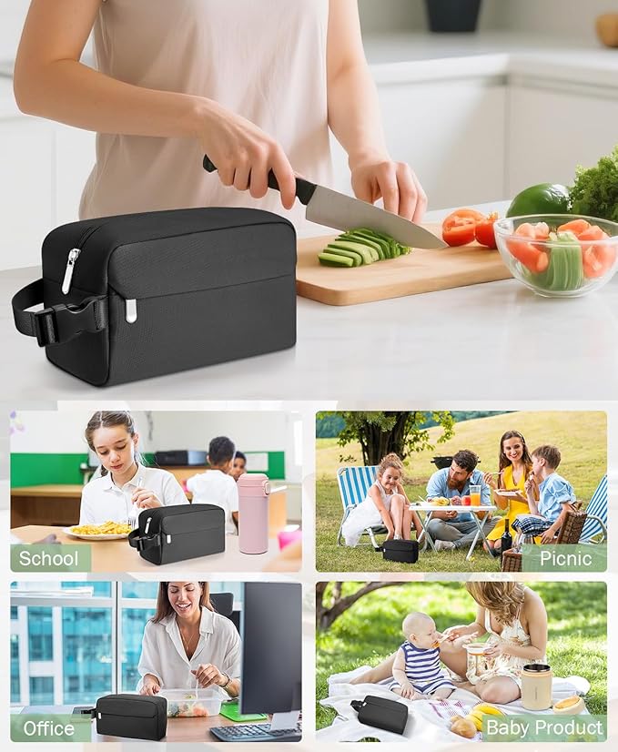 Small Insulated Snack Bag Lunch Bag for Kids Lunch Box for Women/Men, Collapsible [3L/5-Can] Reusable Lunch Bag Cooler Bag for Bottle with Handle Buckle for Work/School/Travel, Black
