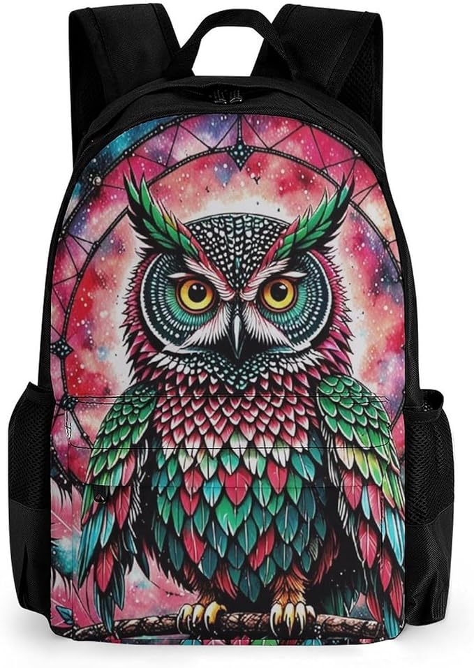 Supdreamc Rucksack Anti-Theft Multipurpose Large Capacity Carry On Bag, Green And Pink Owl Wind Chimes Space Galaxy Travel Hiking Bag Day Pack With Side Pockets