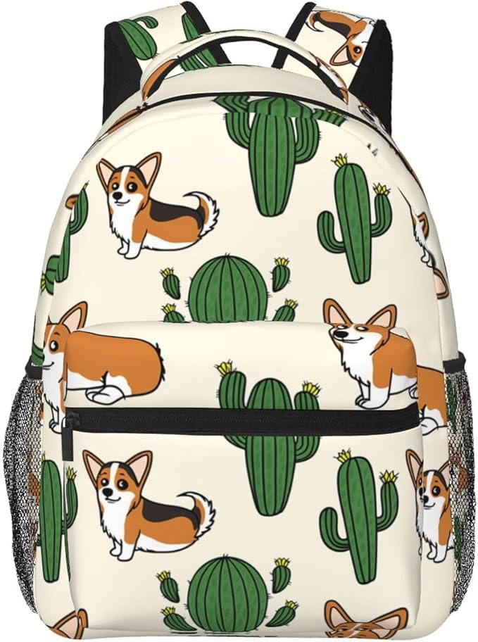 Daypack Backpack Anti-Theft Multipurpose Large Capacity Carry On Bag, Corgi Dog Cactus Traveling Camping Backpack With Side Pockets