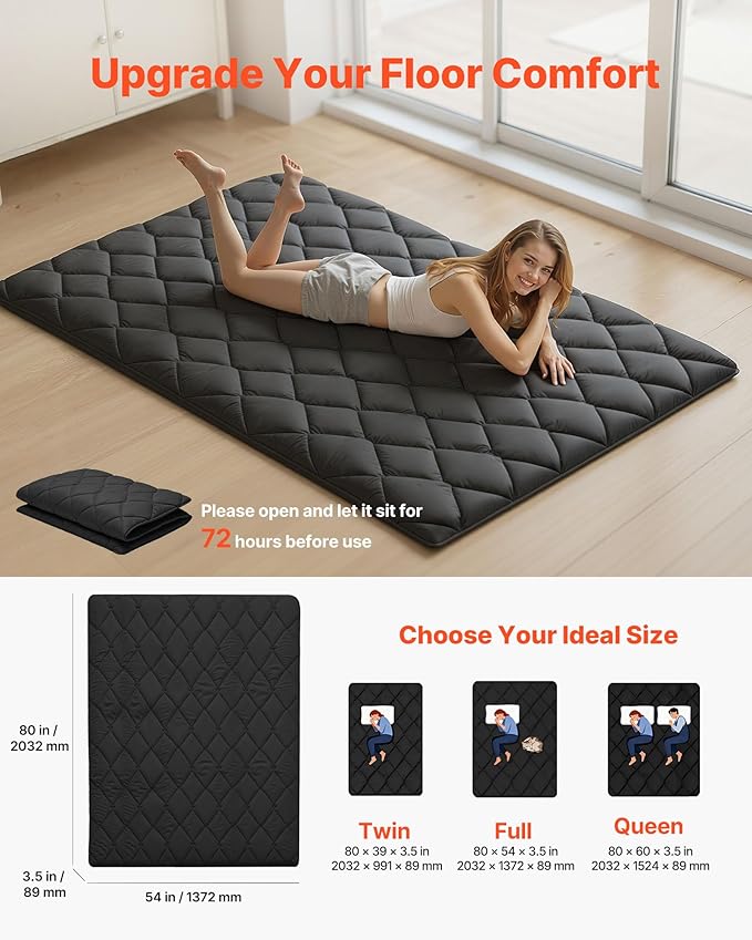 VEVOR 9-Layer Japanese Futon Mattress, 3.5" Thick Full Tatami Mat, Foldable Roll Up Mattress for Sleeping with Storage Bag, Portable Floor Mattress for Camping Dormitory Yoga, Black