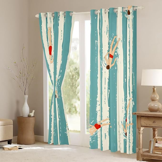 Manfei Swimming Boys Girls Room Decor,Swim Sports Games Fitness Blackout Curtains,Swimming Pool Modern Fashion Blackout Curtains,Retro Blue 2 Panels,38Wx45L inch