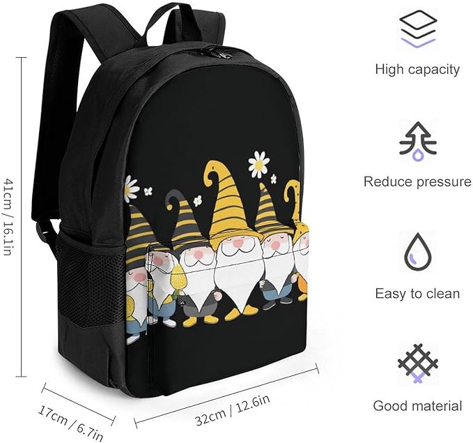 Supdreamc Lightweight Daypack Bookbag for Trekking Business Walking Cycling, Big Capacity Anti-Theft Multipurpose Carry On Bag, Sunflower Bee Cute Cartoon Gnome Black Business Computer Bag