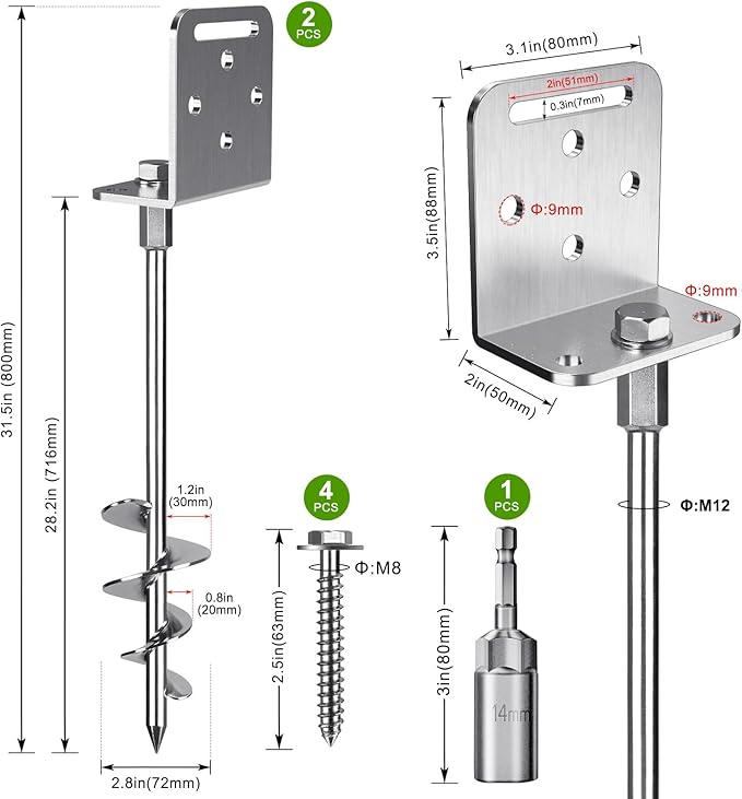 2/4 Pack 18" 30" Ground Anchors Screw in Mobile Home Anchors Kits 2.8" Wide Tapered Spiral Trampoline Earth Anchor Set with L Bracket Swing Set Anchor for Playset, Tent, Shed, Fence, Swingset