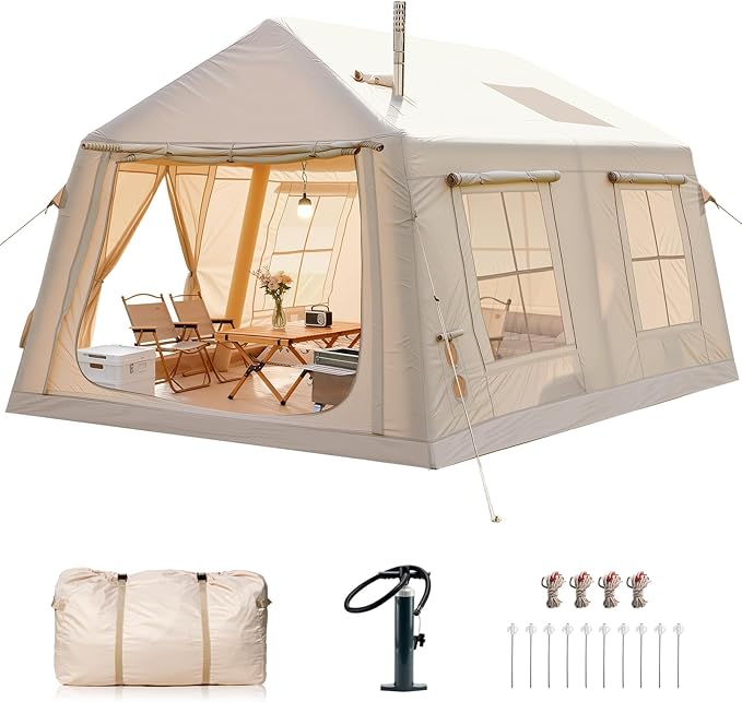 Inflatable Tents for Camping, Blow Up Tent with Hand Pump, Easy Setup Inflatable Hot Tent with Stove Jack, Waterproof Oxford Air Glamping Tents for Camping Adult 4 Person Upgrade Version