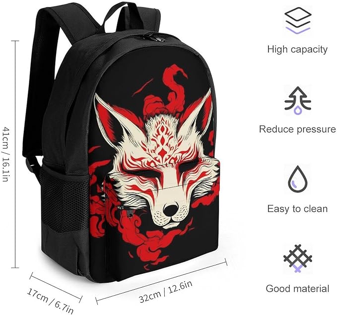 Lightweight Daypack Backpack for Sports Travel Running, Large Capacity Multipurpose Anti-Theft Bookbag, Japanese Kitsune Mask Fox Art Laptop Backpack Daypack