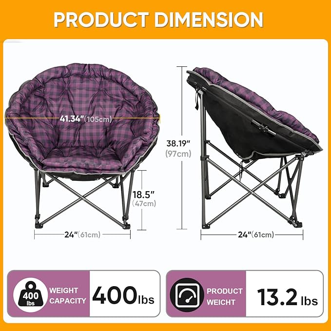 Northroad Oversized Camping Moon Chair, Outdoor Padded Saucer Folding Round Chair, Supports up to 400 lbs for Outdoor Hiking Fishing Picnic Lawn