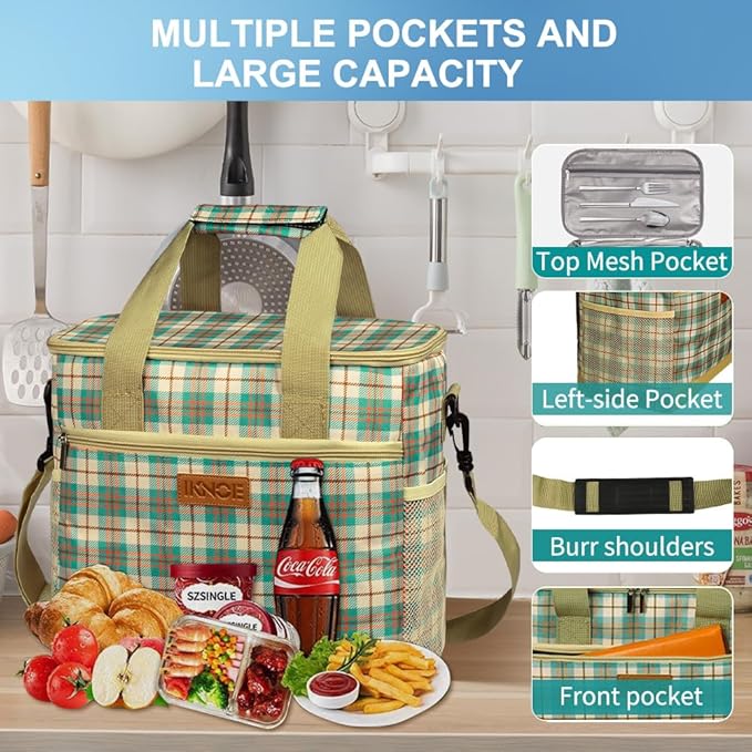 Iknoe Large Cooler Bag Collapsible 24 Can Insulated Bags Leakproof Lunch Cooler Tote with Multi-Pockets for Adult Insulated Thermal Bag for Beach, Picnic, Office Work(Khaki Lattice)