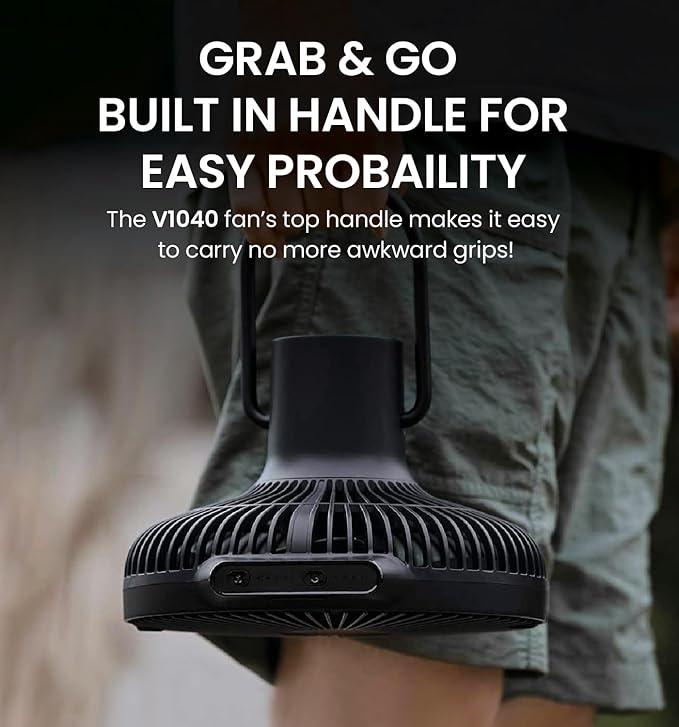 Claymore V1040 Black Rechargeable Portable Fan – 10,400mAh Power Bank Function Remote Control 4-Speed Quiet BLDC Air Circulator USB-C Charging 23 Hrs Runtime for Camping, Indoor, Outdoor