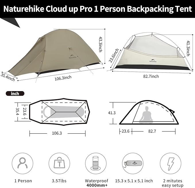 Naturehike Cloud Up 1 Person Tent, Lightweight Backpacking Tents for One Man, Waterproof Ultralight One Person Tent for Camping Hiking Backpacking