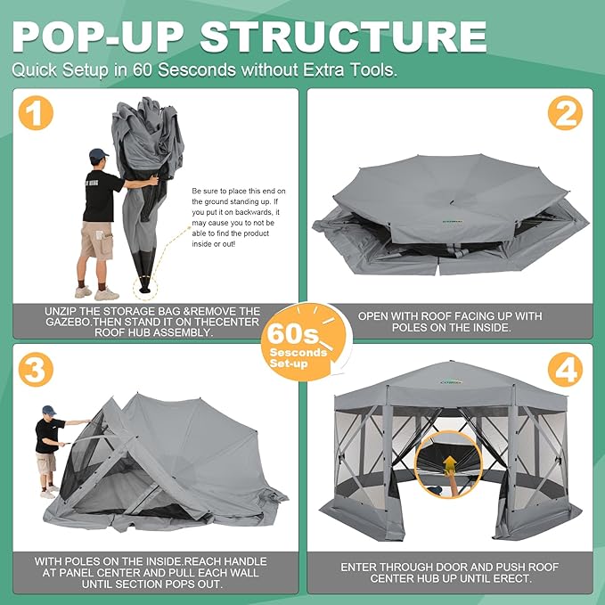 COBIZI 15x15 FT Pop Up Gazebo - Canopy Tent, Large Gazebos On Clearance,Instant Screened in Gazebo,carpas para Patio,Portable Screen Tents for 12-15 Persons Outdoor Camping, Backyard,Gray