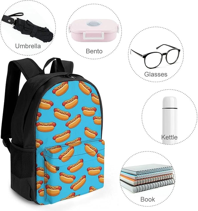 Men Women Polyester Hot Hotdogs Daypack Bookbag Big Capacity Shoulder Bag With Padded Straps for Climbing Travel Walking Cycling