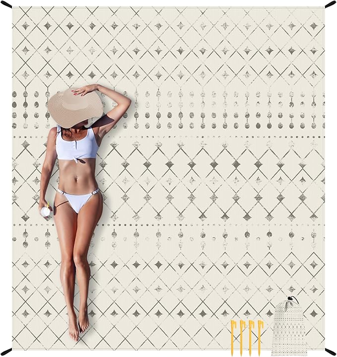 Beach Blanket Sandproof, Beach Mat Sand Free Waterproof, Large Picnic Blanket for 2-4 Adult, Lightweight Quick Drying & Durable Polyester Outdoor Blanket, Beach Essentials Must Have Accesorries