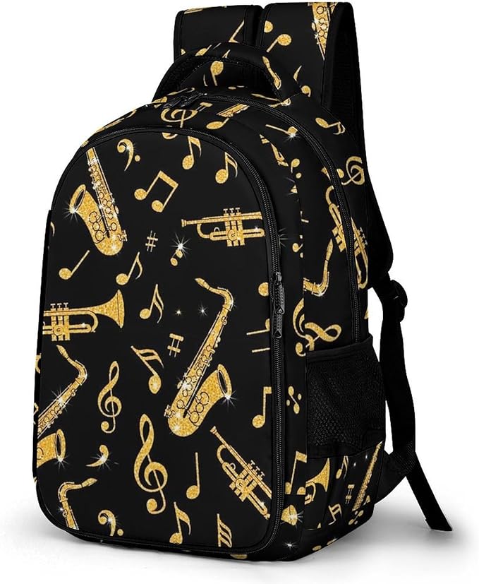 Laptop Backpack Saxophone Trumpets Music Gold Black, Sturdy Water Resistant College Bookbag with Water Bottle Pockets for Business Travel Commute