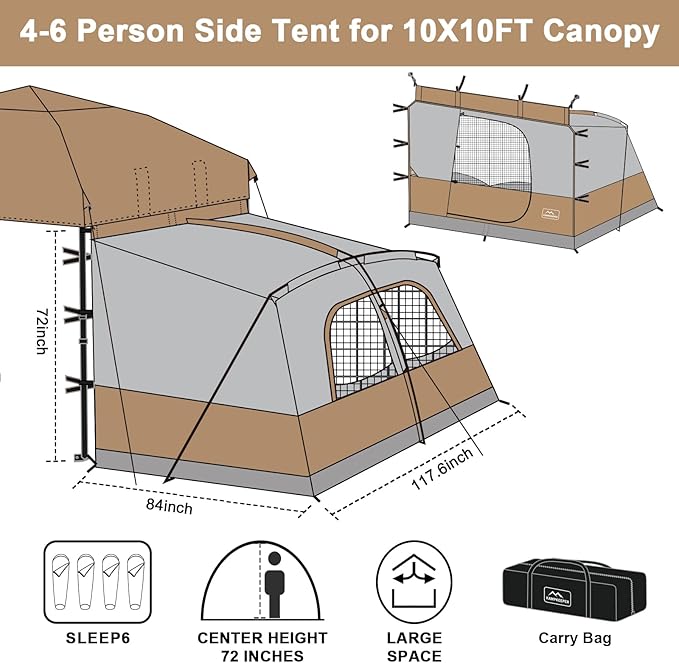 KAMPKEEPER Canopy Side Tent,4-6 Person Camping Cube Tent for 10x10 Pop Up Canopies,Easy Up Gazebo with Window,Compatible with 10' Wide Canopy Tents