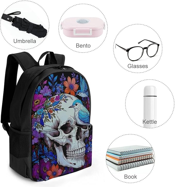 Polyester Daypack Backpack for Trekking Picnic Walking Cycling, Large Capacity Anti-Theft Multipurpose Shoulder Bag, Hippie Skull Florals Bird Art Casual Daypack