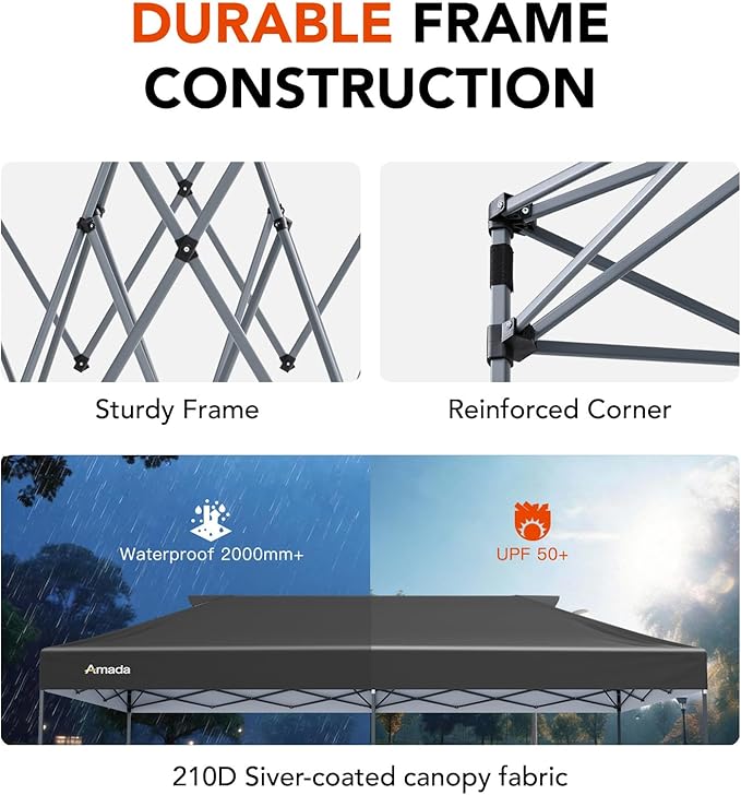 Amada 20x10 Pop Up Canopy - Center Lock One Push Instant Setup Gazebo Outdoor Canopy Beach Tent with STO-N-Go Bag 8 Stakes & 4 Sand Bags, 3-Height Adjustable Shade Shelter (20x10ft, Grey)