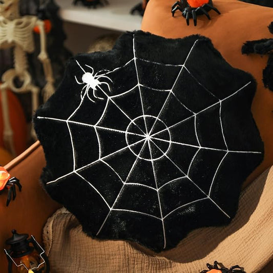 YRXRUS Spider Web Pillows, Halloween Pillows, Halloween Decoration, Spider Web Shaped Throw Pillows for Halloween Room Decor, Black Round Pillows 16x16 Inches Soft Faux Rabbit Fur Cushion