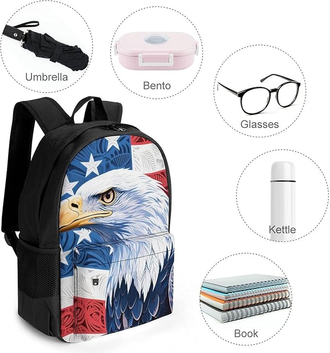 Daypack Backpack Multipurpose Anti-Theft Large Capacity Bookbag, American Flag Eagle Art Travel Hiking Camping Rucksack With Adjustable Shoulder Straps