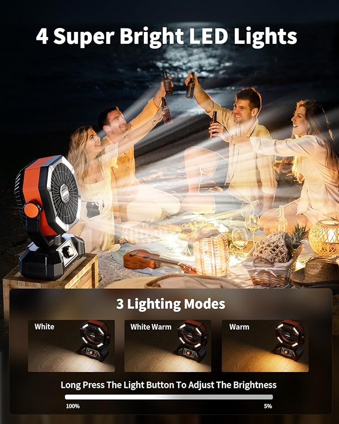 coldSky 𝟮𝟬𝟬𝟬𝟬𝗺𝗔𝗵 Camping Fan with 𝗗𝘂𝗮𝗹 𝗠𝗼𝘁𝗼𝗿, Battery Operated Fan with 4 LED Lantern, 8 Speeds Desk Fan with Remote, Portable Outdoor Fan with Hook for Tent, Power Outages, Jobsite