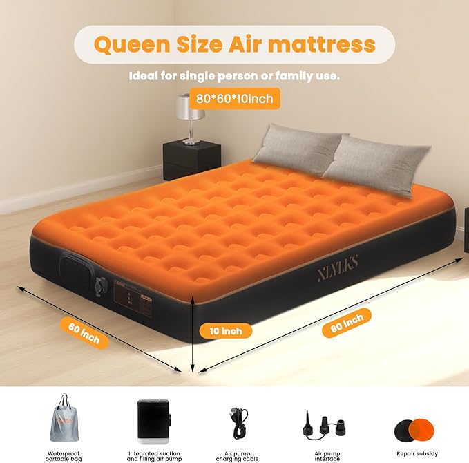 Queen Air Mattress with Built in Pump - USB Rechargeable, 10'' Comfort Blow up Mattress, Surface Portable Mattress, Air Bed for Camping, Home and Guest, 600 lbs Max