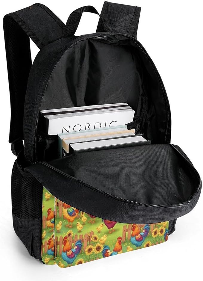 Shoulder Book Bags Polyester Multipurpose Anti-Theft Rooster Chicken Garden Flowers Painting Carry On Bag Large Capacity Travel Hiking Camping Rucksack