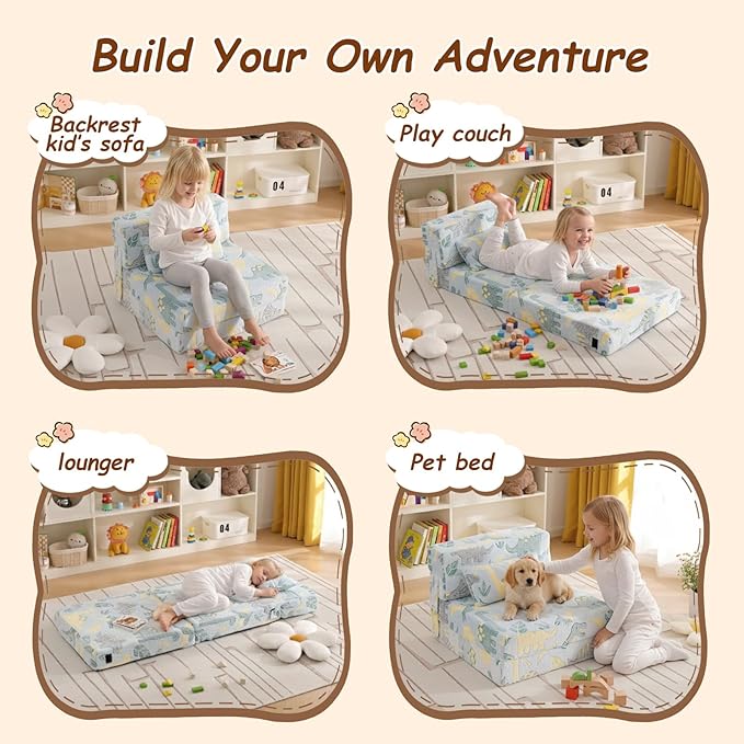 Folding Sofa Bed Floor Mattress for Kids with Pillow, Toddler Glow in Dark Washable Couch Folding Mat for Daycare, Child Dinosaur Chair with Storage Bag for Playroom, Camping, Green
