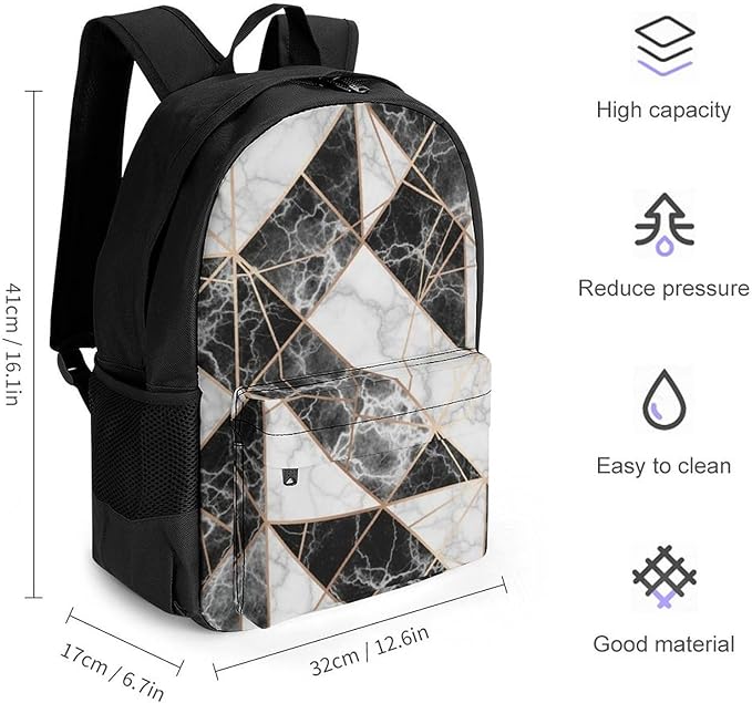 Men Women Polyester Rose Gold Glitter Marble Geometric Triangle Daypack Big Capacity Shoulder Bag With Adjustable Shoulder Straps for Camping Travel Walking Cycling