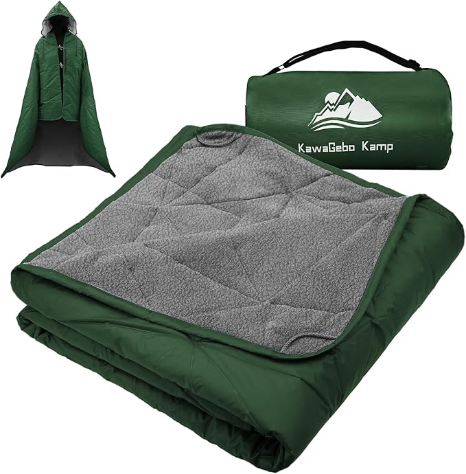 Outdoor Waterproof Blanket, Foldable Fleece Stadium Blanket for Outdoor Sports Event, Camping, Car, Pet, Picnics - Windproof, Wearable, Machine Washable 80" x 58" (Green,Hooded)