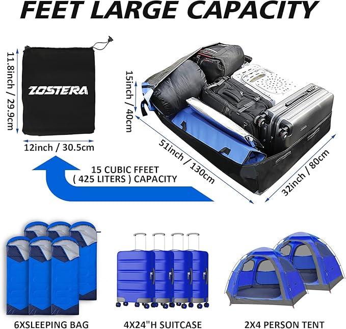Rooftop Cargo Carrier Roof Bag,100% Waterproof,15 Cubic Feet for All Vehicle with/Without Rack,Includes Anti-Slip Mat+10 Straps+6 Door Hooks+6 Extension Straps+Soft Roof Top Luggage Lock