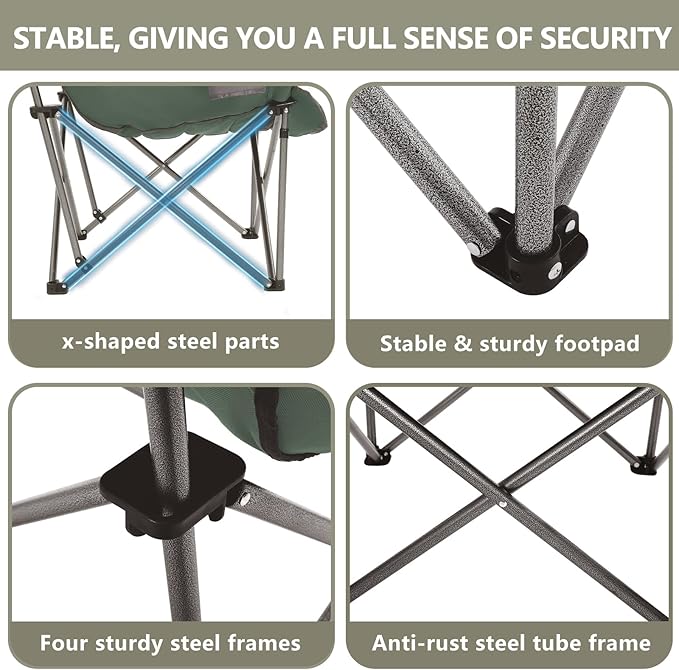 Oversized XL Padded Camping Chair Wide Heavy Duty Lawn Chairs Support 450 LBS Portable Folding Gaint Plus Camp Chair with Side Pocket Cup Holder for Outdoor Outside Sports Baseball-Green