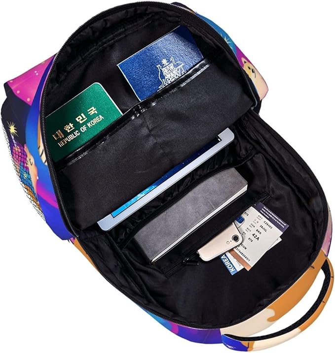 Daypack Bookbag Multipurpose Anti-Theft Big Capacity Carry On Bag, Purple Space Corgi Dog Art Travel Hiking Camping Rucksack With Padded Straps