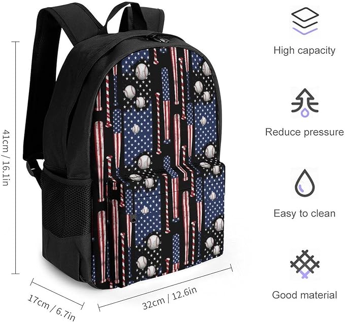 Daypack Backpack Polyester Multipurpose Anti-Theft Vintage Patriotic Usa American Flag Baseball Art Shoulder Bag Big Capacity Gym Outdoor Hiking Backpack With Smooth Zippers