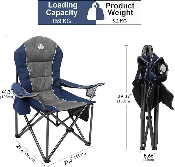 Northroad Oversized Portable Camping Chair, Full Padded Outdoor Folding Chair Support 350 LBS, Heavy Duty Lawn Chair with Cup Holder, Cooler Bag, Lumbar Support, Head Pocket for Adult-Blue