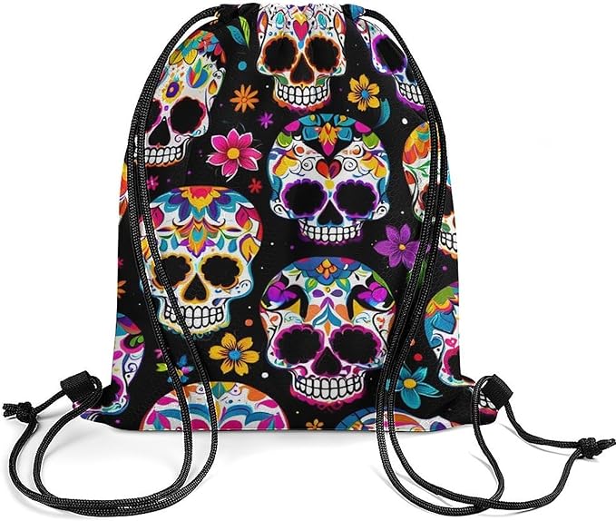 Water Resistant Drawstring Backpack Lightweight Sackpack for Yoga Gym Beach Travel, Men Women Unisex Sports Bag, Sugar Skull Bags